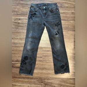 Zara Woman Premium Denim Washed Black Floral Embroidered Straight Jeans. Size 4